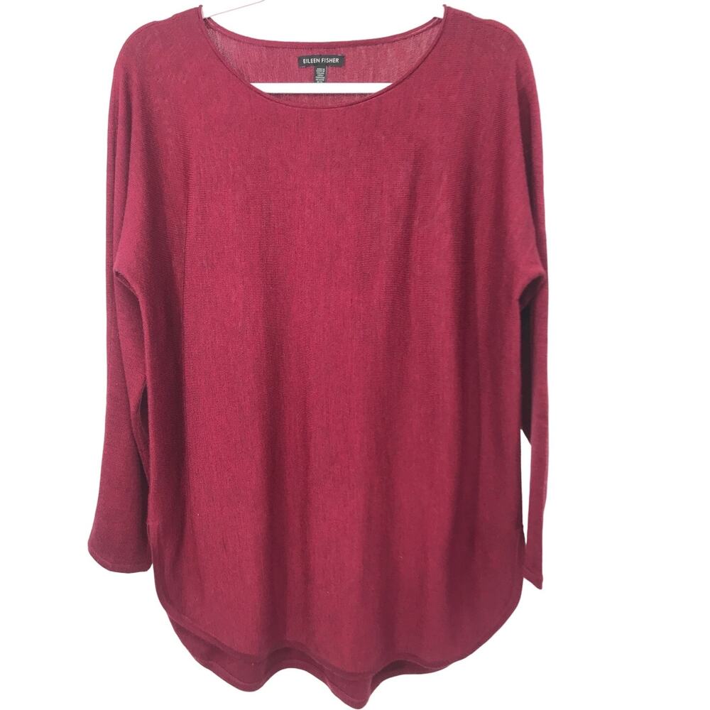 Eileen Fisher Heathered Maroon Curved Hem Merino Wool Tunic Sweater Size M